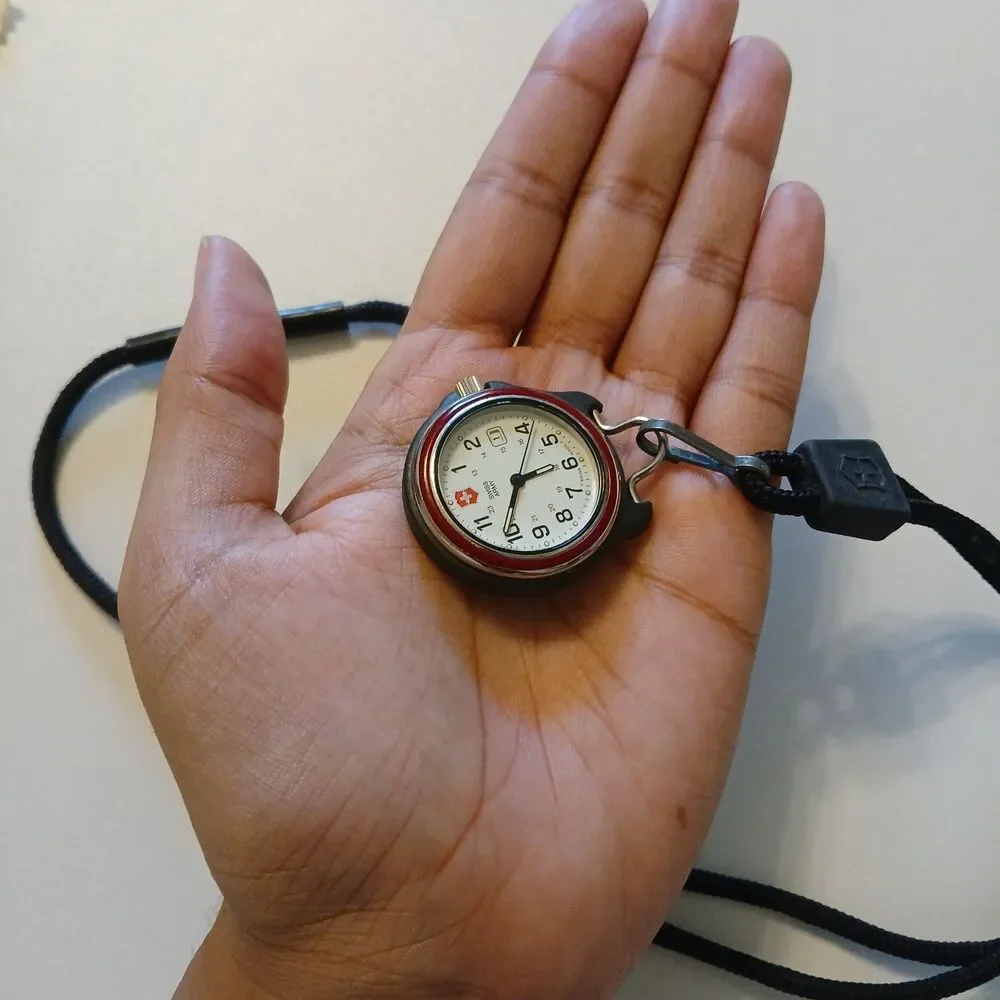 VTG 1990s Swiss Army Brand Pocket Watch Lanyard Red Bezel Date White Dial 31mm